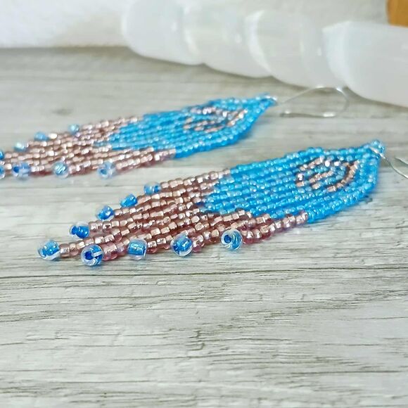 Blue & Pink Beaded Fringe Cascade Dangle Earrings, Seed Bead Jewelry, 4" - Picture 4 of 8